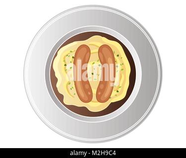 Una illustrazione vettoriale in formato eps formato 10 di una piastra in ceramica bianca con salsicce carnosa purè di patate guarnite e una ricca salsa su sfondo bianco Illustrazione Vettoriale