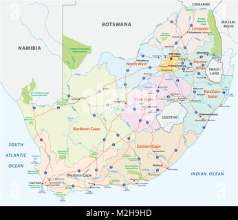 Sud Africa road, politica e amministrativa di mappa vettoriale Illustrazione Vettoriale