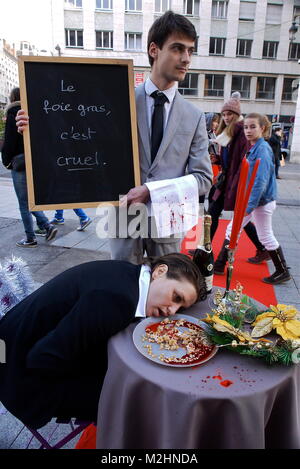 L214 attivisti vegan protesta contro il foie gras e forzare l'alimentazione delle oche, Lione, Francia Foto Stock