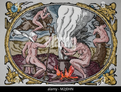 Witches brew. Incisione da un colpo,vero avviso da Abramo Saur. 1582. Germania. Foto Stock