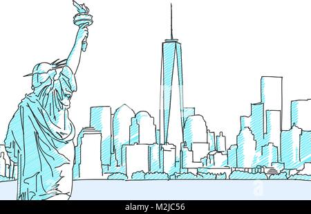 New York Cityscape Sketch. Disegnata a mano illustrazione vettoriale. Viaggi di affari e di turismo con il concetto di architettura moderna. Illustrazione Vettoriale