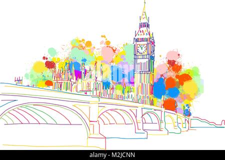 Punto di riferimento colorato schizzo di Londra. Disegnata a mano illustrazione vettoriale, spruzzi di vernice di colore isolato su sfondo bianco. Viaggi di affari e turismo con Illustrazione Vettoriale