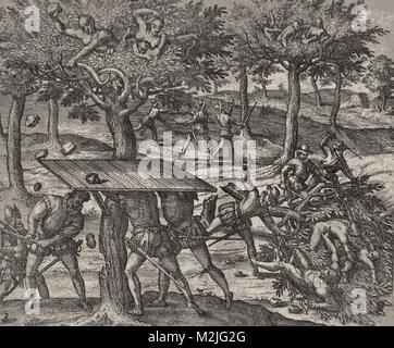 Theodor de Bry - Conquistadores combattere e uccidere gli Indiani Nativi Foto Stock