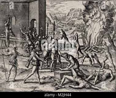 Theodor de Bry - Hernando De Soto commettere atrocità contro nativi indiani Foto Stock