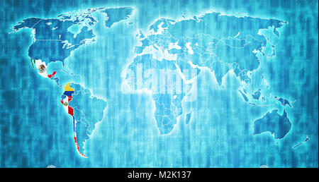 Pacific Alliance paesi membri bandiere sulla mappa del mondo con i confini nazionali Foto Stock