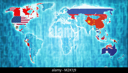 Cooperazione economica Asia-Pacifico paesi membri bandiere sulla mappa del mondo con i confini nazionali Foto Stock