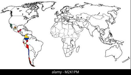 Pacific Alliance paesi membri bandiere sulla mappa del mondo con i confini nazionali Foto Stock