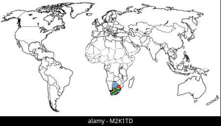 Unione doganale dell'Africa meridionale paesi membri bandiere sulla mappa del mondo con i confini nazionali Foto Stock