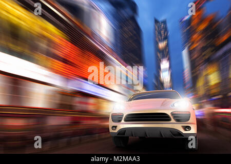 3D render di un SUV ad alta velocità in Times Square Foto Stock