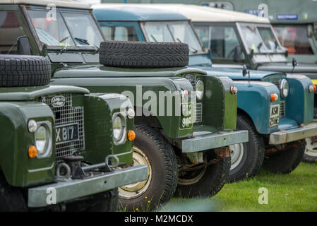 Collezione vintage di land rover allineate in una fila ordinata, Masham, North Yorkshire, Regno Unito Foto Stock