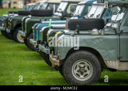 Collezione vintage di land rover allineate in una fila ordinata, Masham, North Yorkshire, Regno Unito Foto Stock