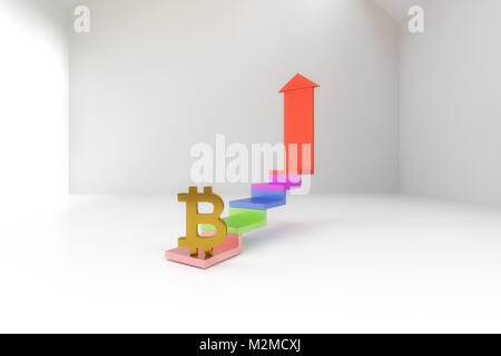 3D rendering di segno Bitcoin con freccia increaing Foto Stock