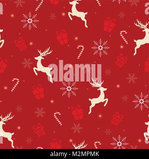 Illustrazione Vettoriale di pattern di Natale con le renne bianco, candy canes, rosso doni e i fiocchi di neve su sfondo rosso. Illustrazione Vettoriale
