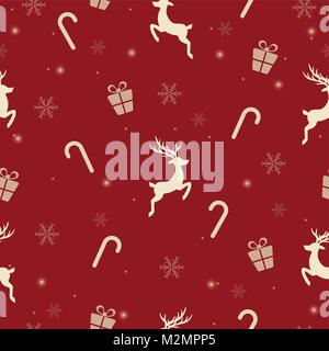 Illustrazione Vettoriale di pattern di Natale con le renne bianco, candy canes, doni e i fiocchi di neve su sfondo rosso. Illustrazione Vettoriale