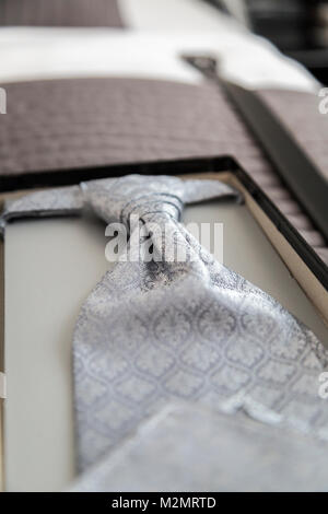 Close up di elegante festa nuziale matrimonio uomo Cravatta fatta di seta delicato materiale tessile con un oriental disegno geometrico in una casella su un livello di grigio Foto Stock