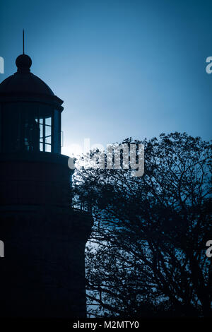 Dettaglio del faro e albero a cielo blu scuro dello sfondo crepuscolo (copia spazio) Foto Stock