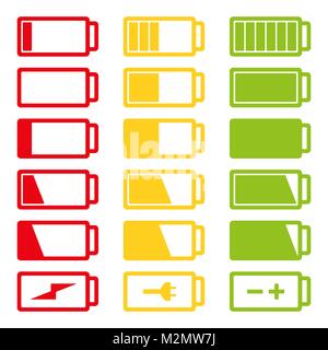 Batteria scarica Imposta icona illustrazione vettoriale isolati su sfondo bianco eps10. Simboli del livello di carica della batteria, piena e bassa. Illustrazione Vettoriale