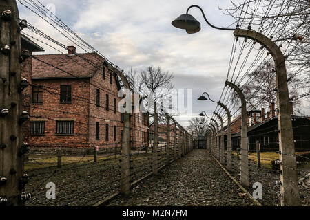 OSWIECIM, Polonia - 27 gennaio 2016: il tedesco campo di lavoro e sterminio nazista di Auschwitz . Ex prigionieri visitare camp Auschwitz I . Foto Stock