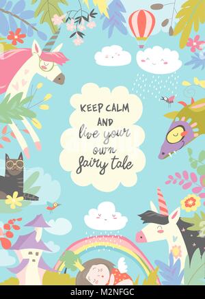 Carino magic telaio composto di unicorns,dragon,princess e fiori Illustrazione Vettoriale