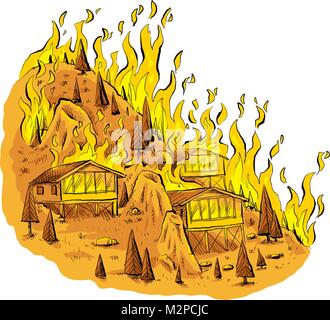 Un cartoon di una fiammante forest fire infuria attraverso gli alberi e le case su una collina rocciosa. Illustrazione Vettoriale