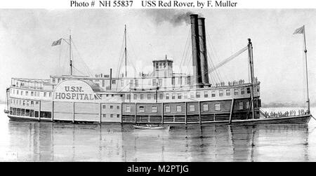 USS Red Rover (1862-1865) Seppia lavare disegno da F. Muller, circa 1900. USS Red Rover, un 625-ton lato ruota-fiume vaporizzatore, è stato costruito per uso commerciale a Cape Girardeau, il Missouri, in 1859. Ha servito come CSS Red Rover nel 1861-62 e fu catturato il 7 aprile 1862 a Isola numero dieci dal tumulo di USS Città. A seguito di riparazioni, lei è stato messo in servizio come nave ospedale per gli Stati Uniti Esercito occidentale di cannoniere flottiglia nel giugno 1862. Ha servito in questo ruolo attraverso l'estate del 1862, ed è stato acquistato dalla Marina militare alla fine di settembre. Commissionato come USS Red Rover nel dicembre 1862, era utilizzata per la Foto Stock