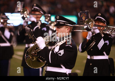 EAST RUTHERFORD, N.J. -- Gli Stati Uniti Accademia Militare di West Point Band ha suonato presso halftime durante il New York getti vs New Englad Patriots militare gioco di apprezzamento, nov. 13. Marines, marinai, Costa guardie, avieri e soldati spiegata una bandiera americana attraverso il campo durante un pre-cerimonia di gioco come parte dei getti' celebrazione dei veterani. (Gazzetta Marine Corps foto di Cpl. Caleb Gomez / rilasciato)'Accademia Militare degli Stati Uniti u2019s West Point Band suona New York getti Halftime spettacolo, nov. 13, 2011 by NYCMarines Foto Stock