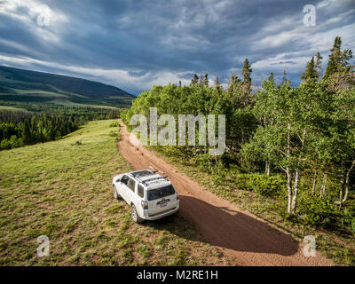 RED Feather Lakes, CO, Stati Uniti d'America - 3 giugno 2016: Toyota 4Runner SUV (2016 Trail edition) su un paese indietro strada in Colorado di Montagne Rocciose - vista aerea Foto Stock