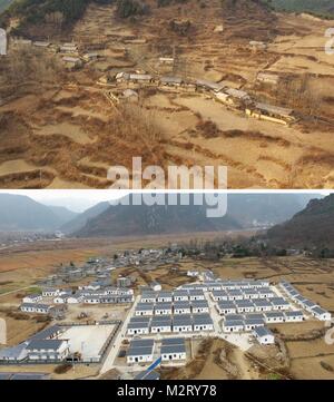 (180208) -- LIANGSHAN, 8 febbraio 2018 (Xinhua) -- Combo foto mostra la vista aerea del villaggio Dabu su 1 febbraio 2018 (up) e la vista aerea del nuovo Villaggio Shaku nel Febbraio 2, 2018 in Yuexi contea di Liangshan Yi prefettura autonoma, a sud-ovest della Cina di provincia di Sichuan. Jijue Jizhu, 9, portando il suo fratello più piccolo sul retro, passeggiate su un robusto percorso in neve pesante nel telecomando Daliang montagne, per aiutare la sua famiglia si muovono al nonno del nuova dimora. Con l aiuto del governo della povertà politica di rilievo, Jijue Jizhu familiare ed il suo nonno vengono spostati a più vivibile villaggi. Jijue Jizhu's Foto Stock