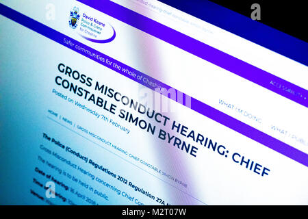 Cheshire, Regno Unito Cheshire criminalità polizia Commissario David Keene pubblica i dettagli delle tariffe per colpa grave audizione contro attuale Chief Constable Simon Byrne chi è stato lontano dal post a causa di inchiesta per alcuni mesi. Foto Stock