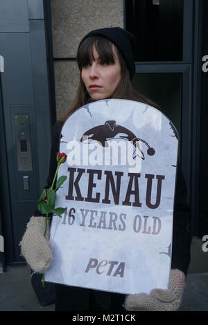 Londra, Regno Unito. 8 febbraio, 2018. PETA protesta attivista durante la Thomas Cook incontro generale annuale a Londra il 8 febbraio 2018. Gli attivisti installare 'pietra tombale' e tenere rose rosse per ciascuno dei orcas che sono morti a SeaWorld. Credito: Vedere Li/Alamy Live News Foto Stock