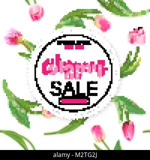 Vector giornata della donna vendita banner con scritte a mano - womens giorno - con tulip fiori su seamless tulipani sfondo. Illustrazione Vettoriale