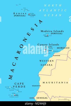 La Macaronesia mappa politica. Azzorre, Capo Verde, di Madera e delle isole Canarie. Raccolta di quattro arcipelaghi del Nord Oceano Atlantico. Foto Stock