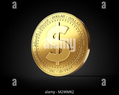 Il simbolo del dollaro sulla moneta d'oro isolati su sfondo nero. Realistiche in 3D rendering Foto Stock