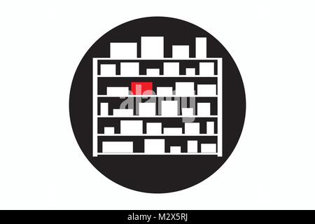 Illustrazione di stock a scaffale con segnato in rosso prodotto per mostrare che è in negozio, vettore di simbolo di inventario che mostra che le merci che sono a portata di mano, in icona di stock Illustrazione Vettoriale
