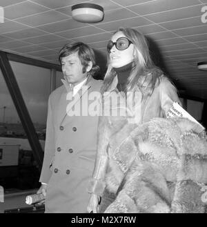 Americano-nato attrice Sharon Tate arriva con il marito di Roman Polanski, all'aeroporto di Heathrow di Londra, da Venezia per partecipare alla premiere del suo film "Rosmarino il bambino". Foto Stock