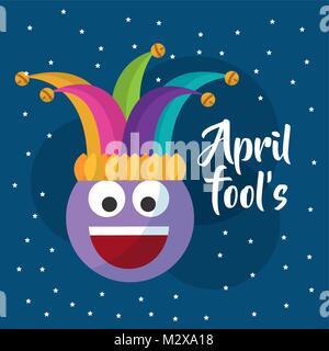 April Fools Day smile emoticon jester hat punti sfondo blu Illustrazione Vettoriale