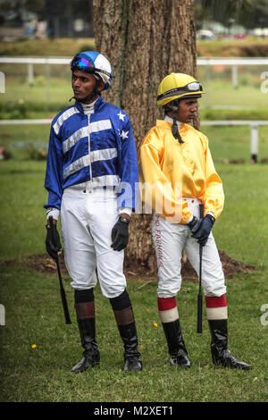 Dettaglio di Avvio jockey e staffe montate sul cavallo Foto Stock