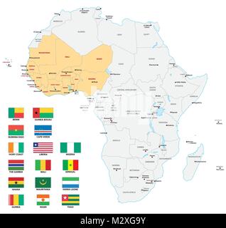 Africa occidentale politica e amministrativa di mappa vettoriale con bandiere Illustrazione Vettoriale