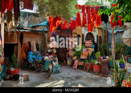 Luminosamente lana colorati appesi per asciugare in dyers Suk di tessili, souk di Marrakech, Marocco, Africa Foto Stock