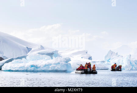 Un gruppo di turisti su una crociera in zodiac tra gli iceberg di Whilemina Bay, l'Antartide. Foto Stock