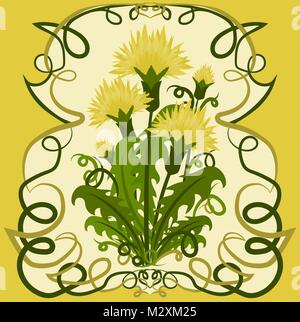 Scheda floreale con denti di leoni in stile art nouveau, illustrazione vettoriale Illustrazione Vettoriale