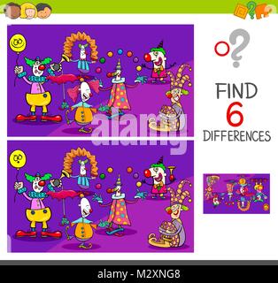 Cartoon illustrazione di trovare e Spot 6 differenze tra le immagini delle attività educative gioco per bambini con Clown gruppo di caratteri Illustrazione Vettoriale