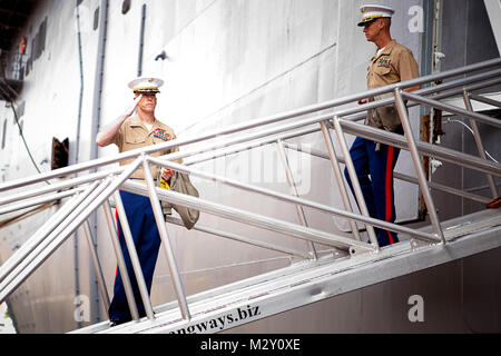 Col. Kenneth M. DeTreux, comandante, per scopi speciali massa Marine-Air Task Force - New York, saluta la bandiera americana come egli si diparte la USS Wasp in New York per commemorare l'inizio della settimana della flotta di New York. Settimana della flotta è un opportunità per Marines, marinai e la costa guardie per dimostrare alla gente di New York che la marina, la marina e la Guardia Costiera della squadra sono, cosa fanno e come siano impegnate a servint questo paese. Ventuno Stati uniti e le forze della coalizione di navi e più di 6.000 truppe parteciperà il venticinquesimo anniversario della settimana della flotta di New York, una celebrazione del bicentenario di t Foto Stock