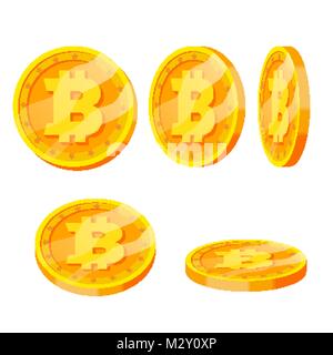 Bitcoin monete d oro Vector Set. Flip angoli diversi. Moderni denaro virtuale. Valuta digitale. Illustrazione isolato Illustrazione Vettoriale