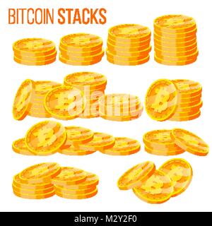 Pile Bitcoin imposta il vettore. Crypto valuta. Denaro virtuale. Le monete d'oro Stack. Business valuta Crypto. Progettazione di trading. Piatto isolato Cartoon illustrat Illustrazione Vettoriale
