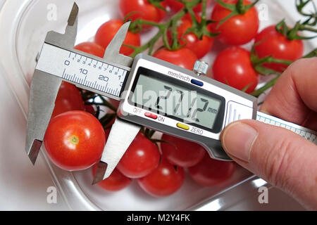 misura del pomodoro con calibri digitali Foto Stock