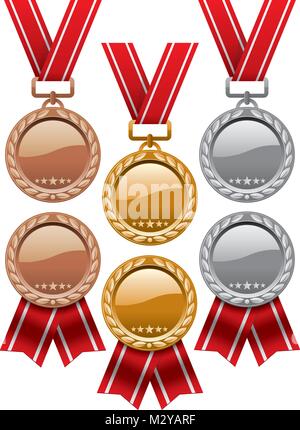Set di vettore d'oro, d'argento e la medaglia di bronzo con nastri rosso isolato su sfondo bianco lucido icone medaglia. eps10 illustrazione Illustrazione Vettoriale
