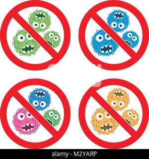 Set di vettore di arrestare le icone di batteri isolati su sfondo bianco. stop virus segno di avvertimento. Nessun microbi simbolo antibatterico. Protezione da epidemia sp Illustrazione Vettoriale