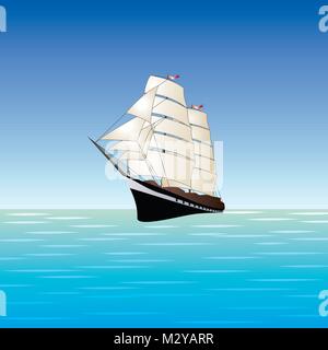 Vettore nave a vela illustrazione. vecchia barca a vela in mare aperto o dell'oceano. vintage viaggio in barca a vela sfondo Illustrazione Vettoriale