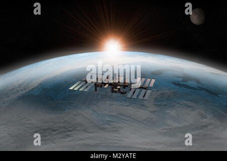 Il rendering 3D della Stazione Spaziale Internazionale in orbita attorno alla terra Foto Stock